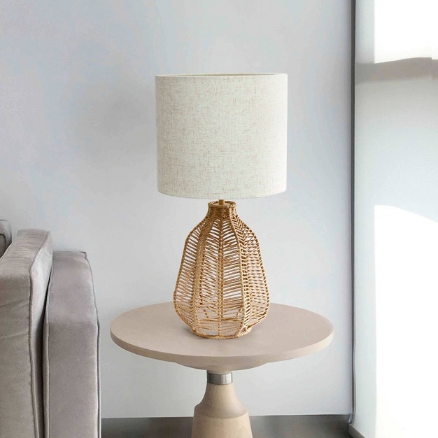 Vintage Rattan Wicker Style Paper Rope Bedside Table Lamp With Fabric Shade Lalia Home