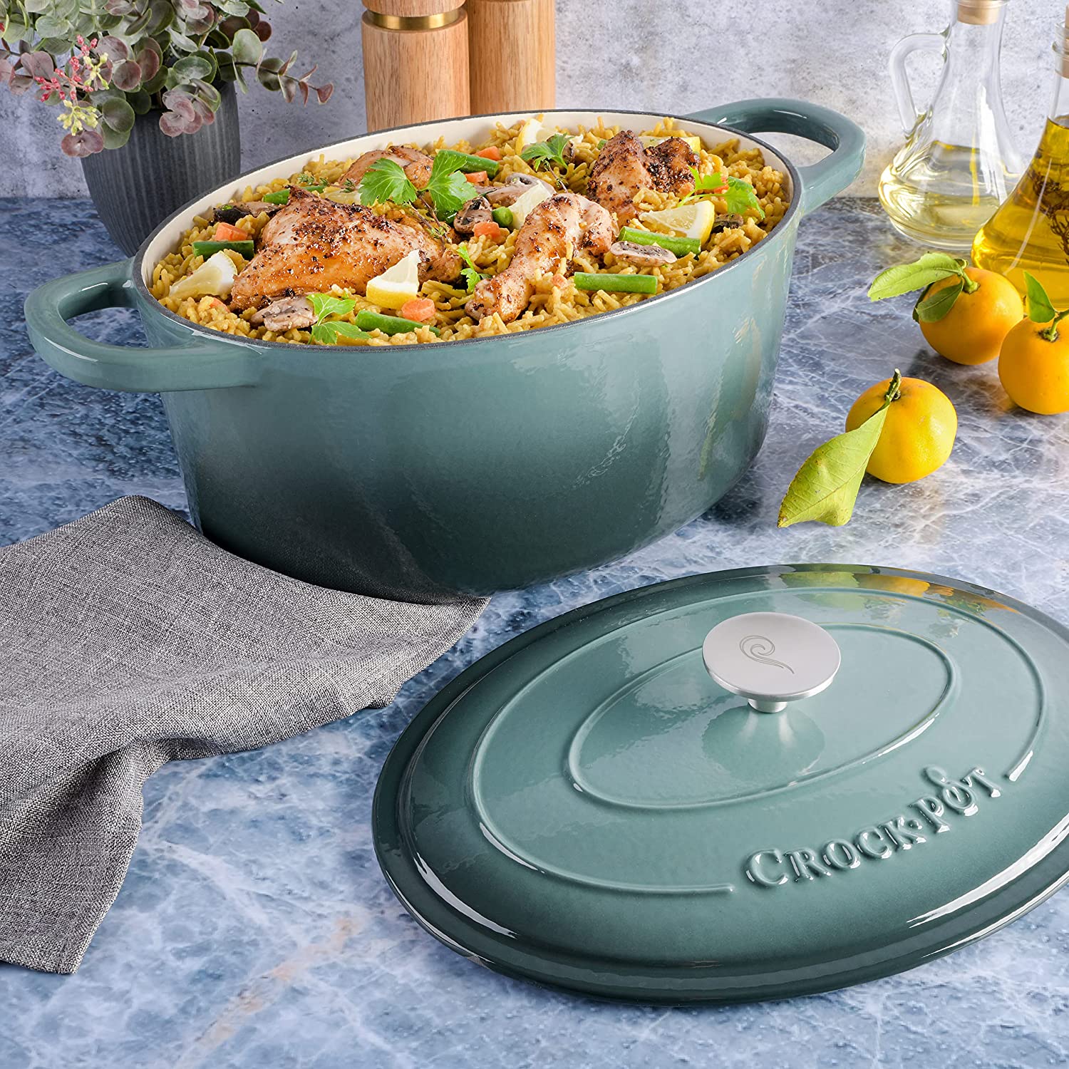 Crock-Pot 69146.02 Artisan Oval Enameled Cast Iron Dutch Oven， 7-Quart， Slate Gray