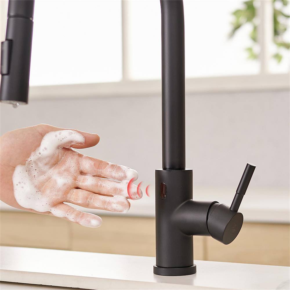 FLG Single Handle Touchless Gooseneck Pull Down Sprayer Kitchen Faucet Modern Smart 1 Hole Solid Brass Taps in Matte Black CC-0138-MB