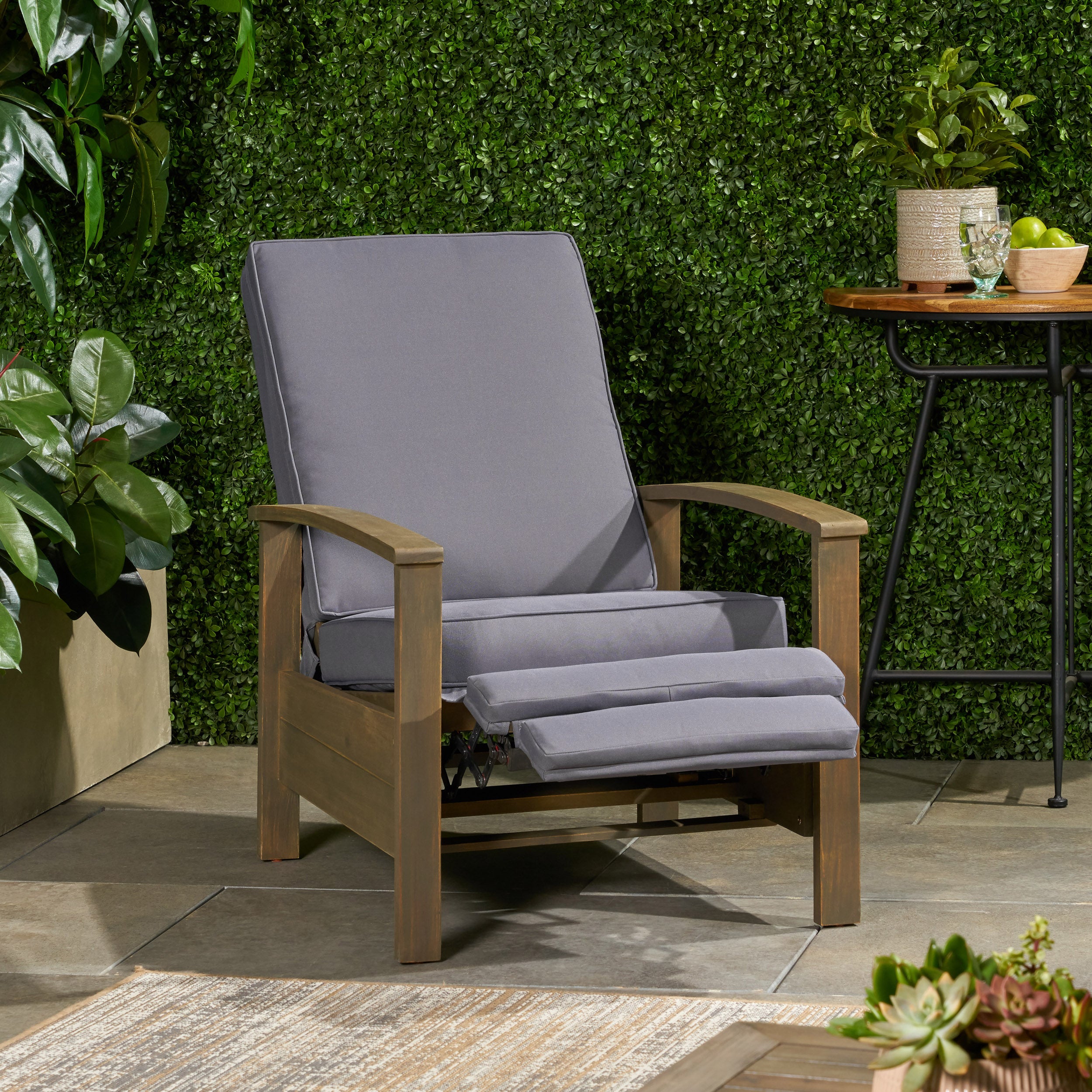 Mary Outdoor Acacia Wood Push Back Recliner with Cushion