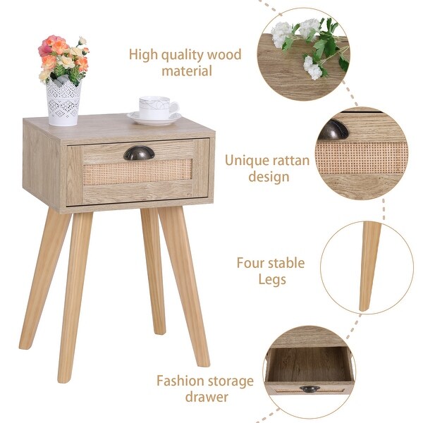 Sophia and William Rattan Rustic Bedside Table Nightstand with Drawer for Living Room Bedroom