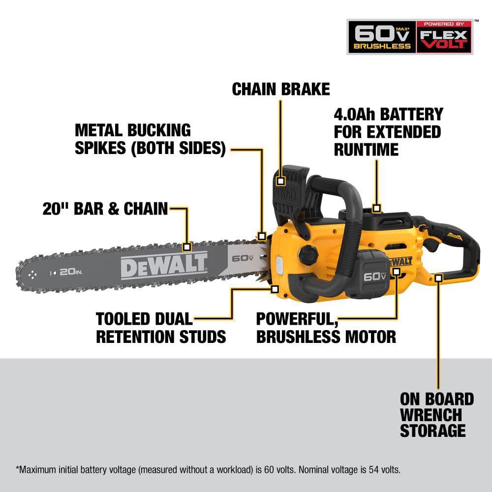 DEWALT 60V MAX 20in. Brushless Battery Powered Chainsaw Kit with (1) FLEXVOLT 4Ah Battery & Charger DCCS677Y1