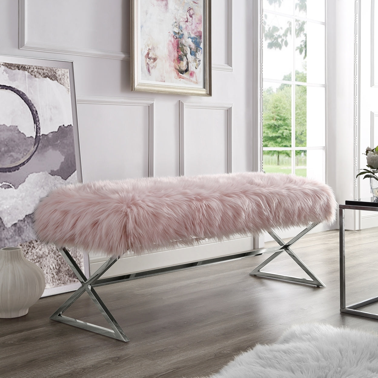 Liam Faux Fur Bench-Stainless Steel Legs-Living-room, Entryway, Bedroom-Inspired Home