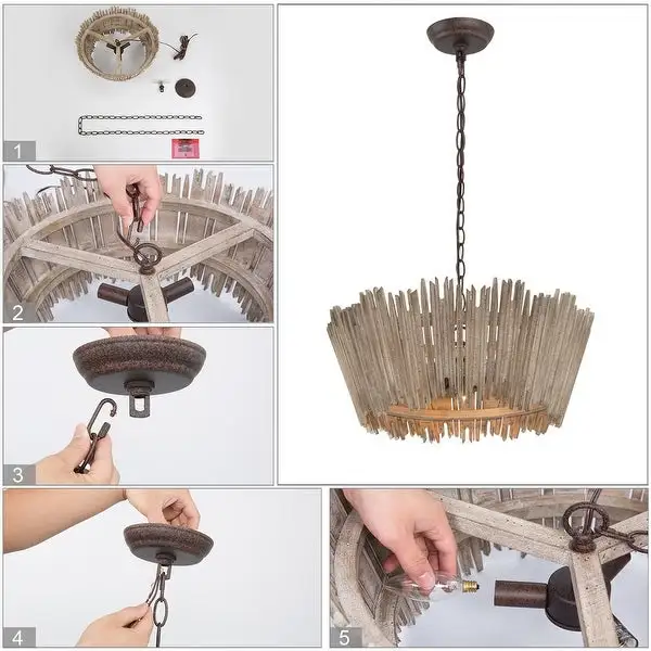 French Country Farmhouse Wood 3-light Chandelier Drum Shade for Dining Room - D 20'' x H 68'' Shopping - The Best Deals on Chandeliers