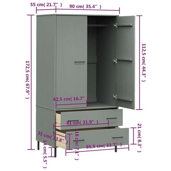 vidaXL Solid Wood Pine Wardrobe with Metal Legs OSLO Armoire Multi Colors - 35.4