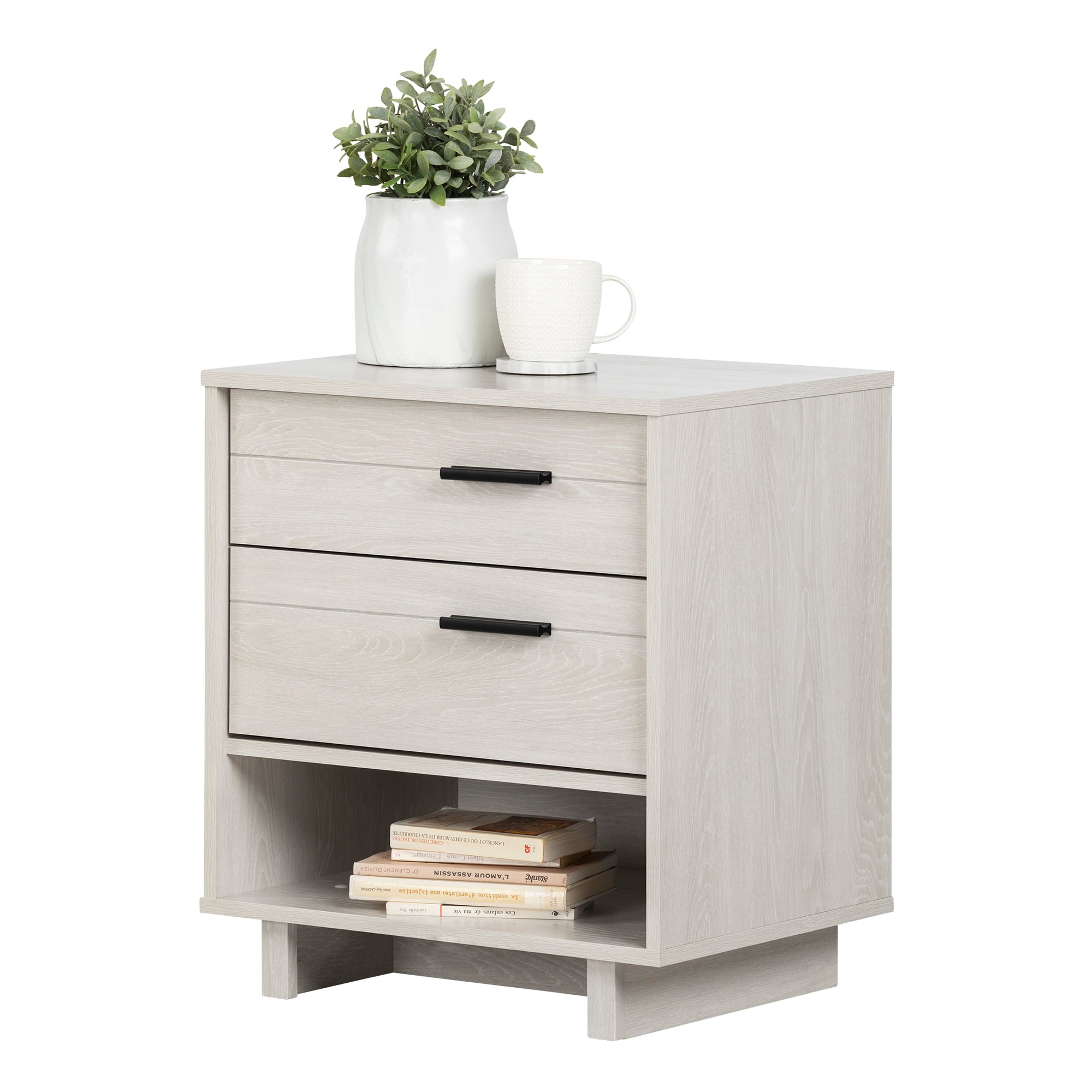 South Shore Fynn Nightstand with Drawers and Cord Catcher, Winter Oak