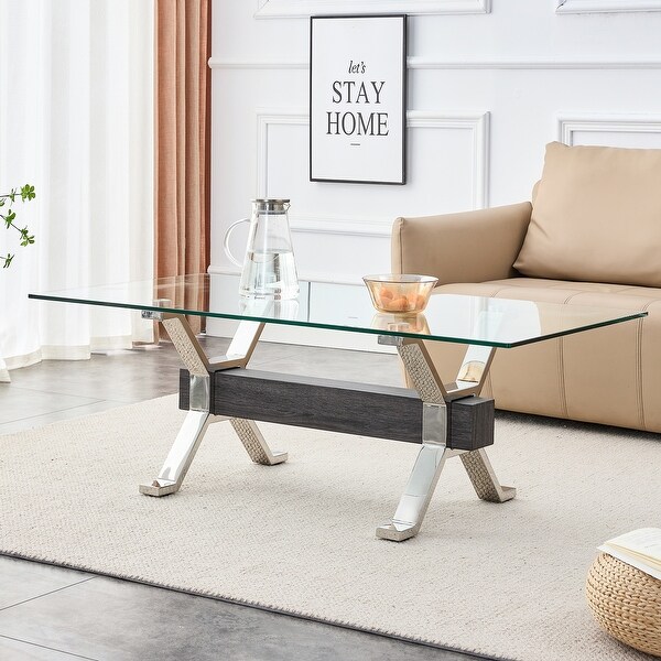 Contemporary Tempered Glass Coffee Table with Plating Metal Legs and MDF Crossbar