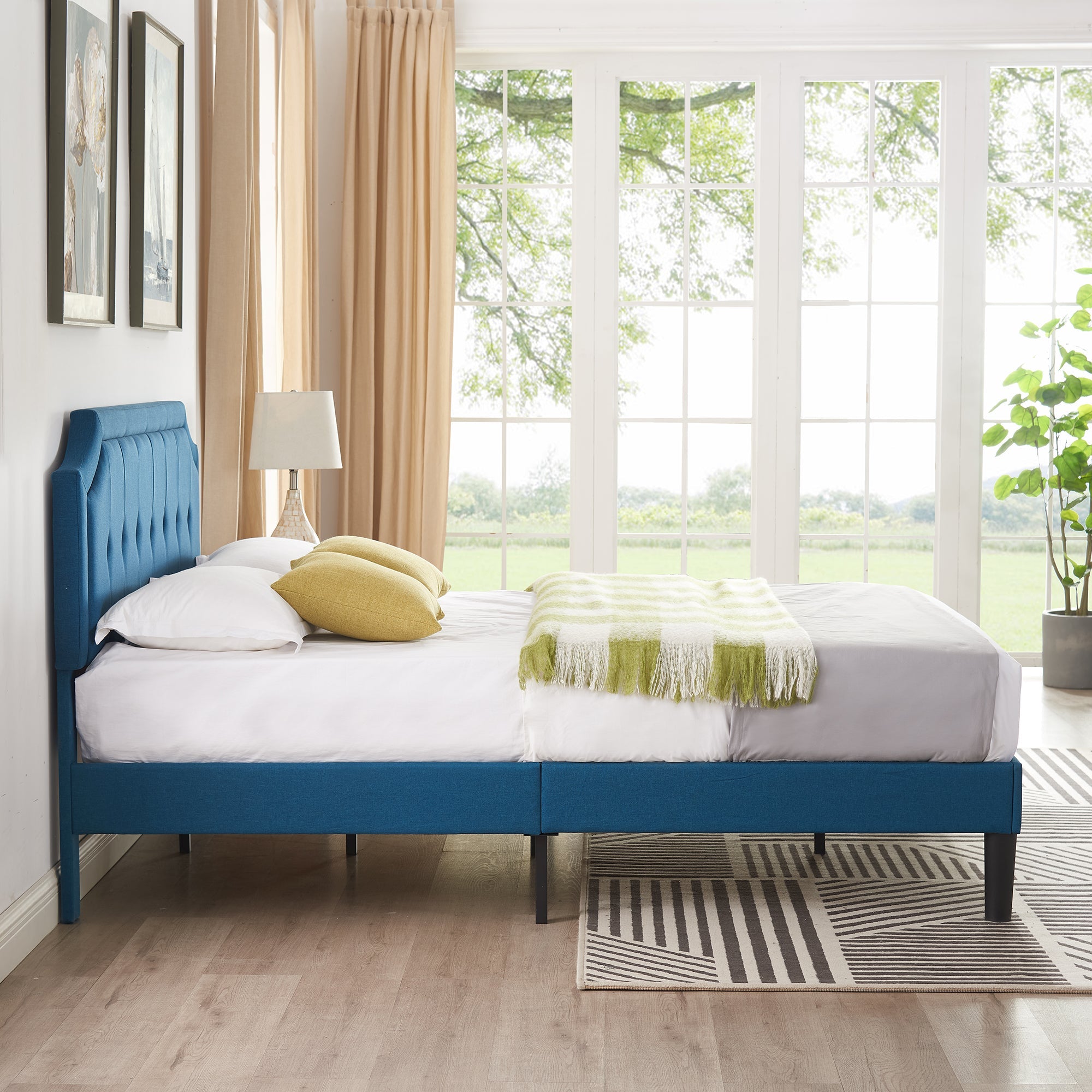 VECELO Upholstered Platform Bed with Height Adjustable Tufted Button Headboard/Mattress Foundation, Blue