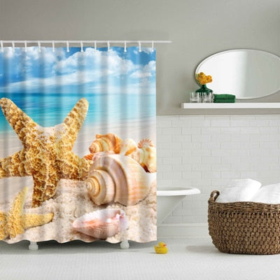 New Colorful Eco-friendly Beach Conch Starfish Shell Polyester  High Quality Washable Bath Decor Shower Curtains