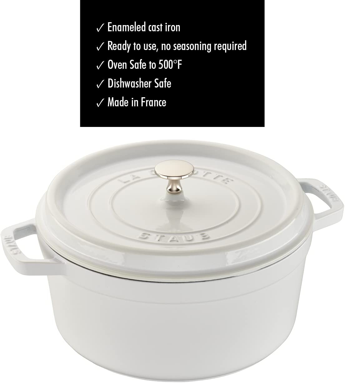 STAUB Cast Iron Round Cocotte Dutch Oven， 5.5-quart， White， Made in France