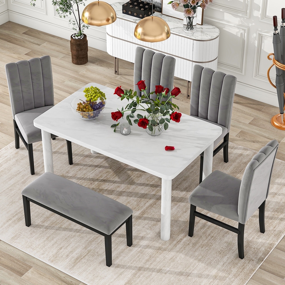 Modern 6 Piece Dining Set with Marble Veneer Table and Tufted Upholstered Dining Chairs and Upholstered Bench  for Dining Room