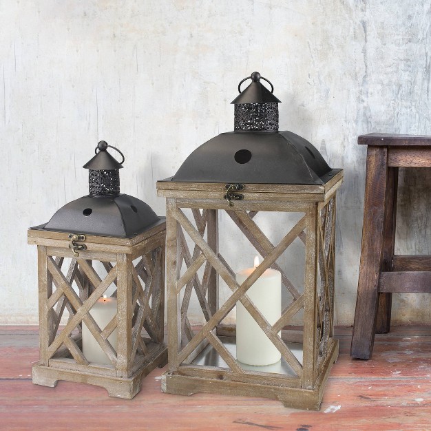 Set Of 2 Wooden And Metal Hurricane Candles Lantern Brown Stonebriar Collection