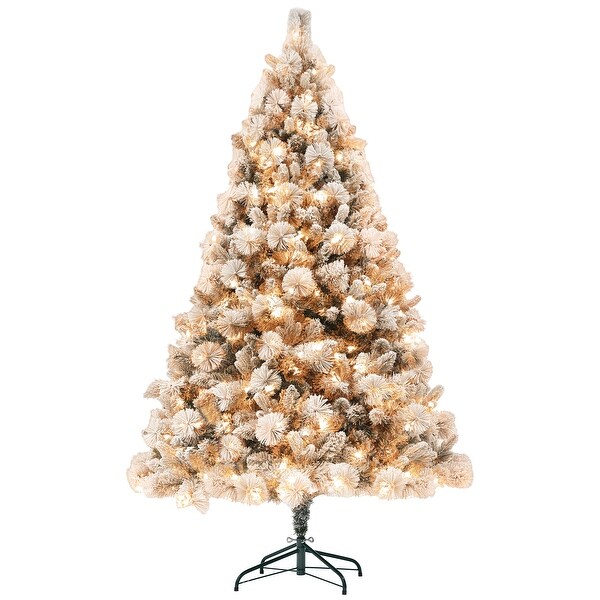 HOMCOM 6.5 ft PreLit Artificial Christmas Tree with 350 Clear Lights and 1107 Tips，Snow Flocked Christmas Tree