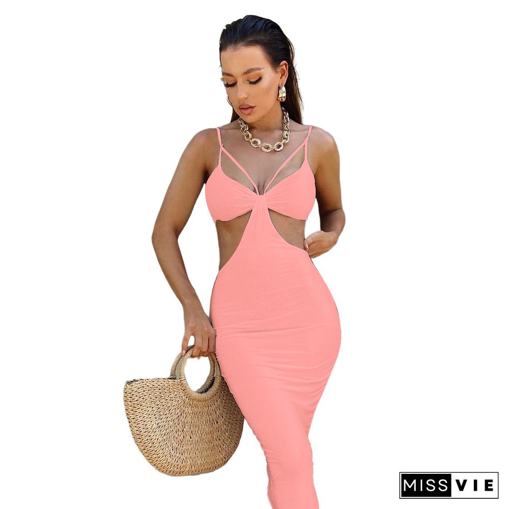 Summer Women Sexy Solid Color Spaghetti Strap V-Neck Hollow Out Backless Skinny Club Party Maxi Dress