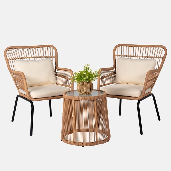 3 Piece Outdoor Wicker Conversation Bistro Set，AllWeather Rattan Furniture Patio Chairs Set with Cushions