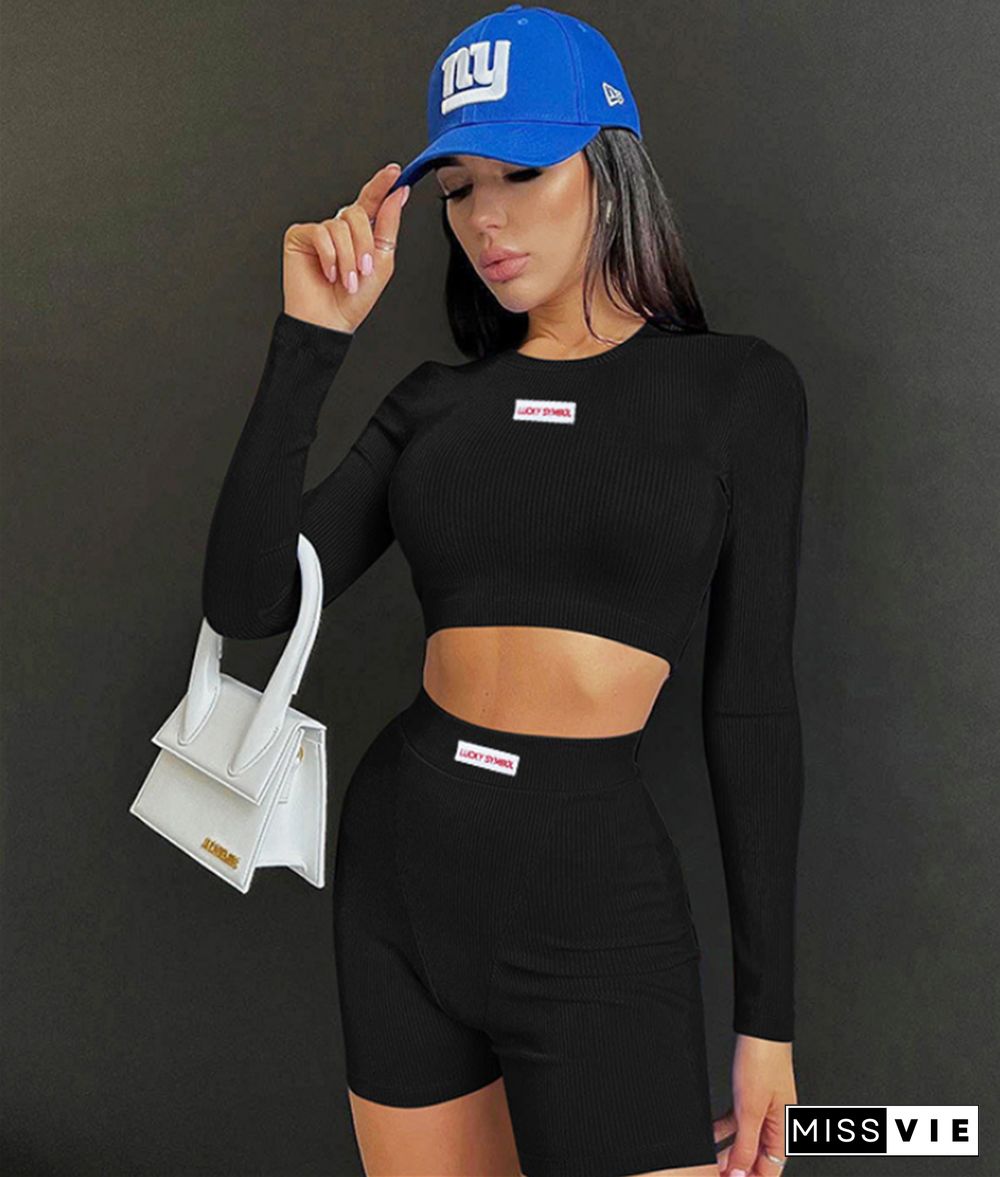 Knitting Fitness Long Sleeve Crop Top Biker Shorts Set