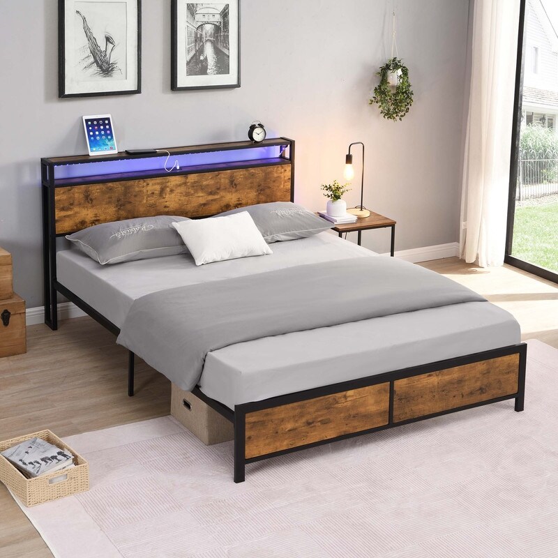 Industrial Queen/ Full Bed Frame with LED Lights and 2 USB Ports Rustic Brown