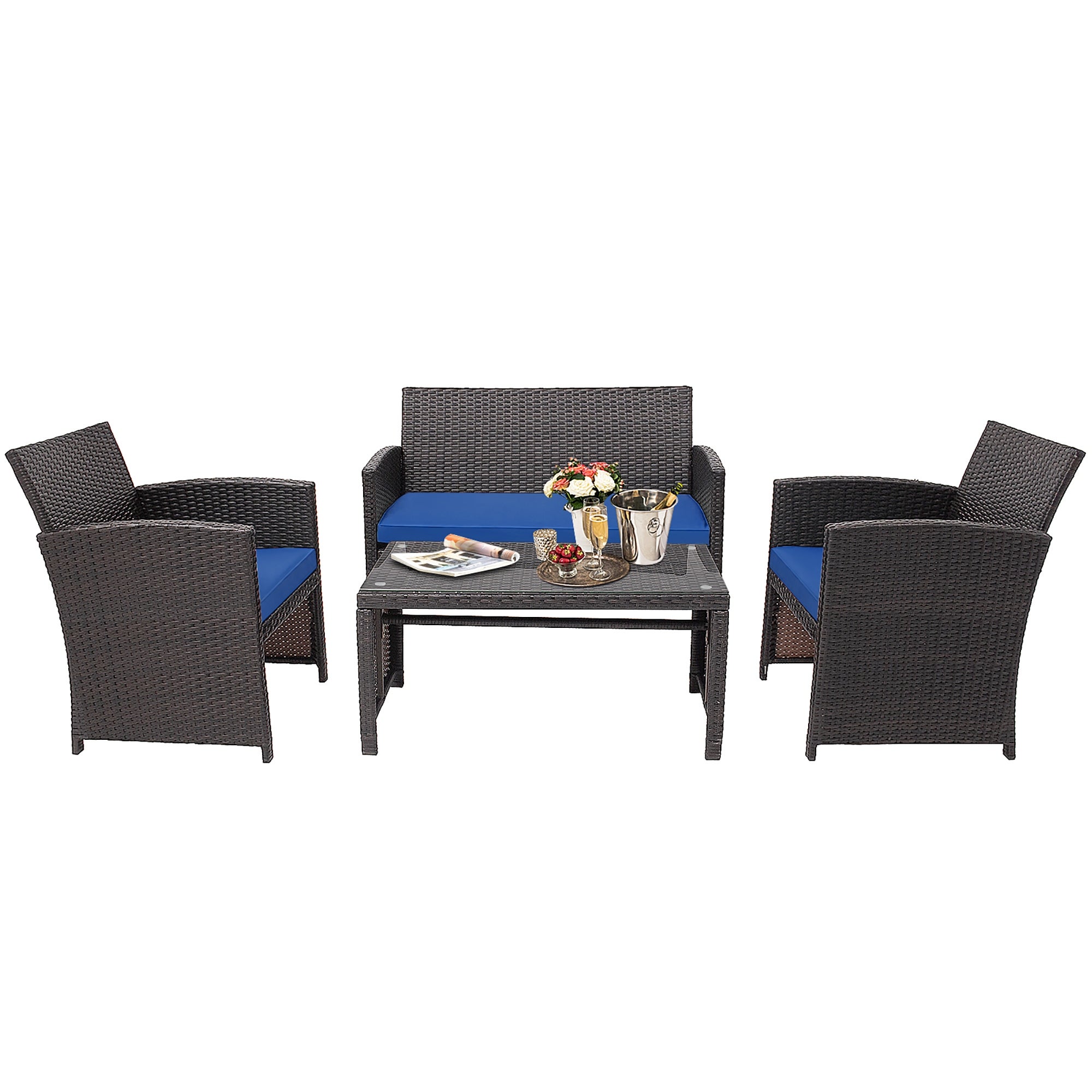 4 PCS Outdoor Rattan Furniture Set w/ Cushioned Chair and Coffee Table - Overstock - 33832107