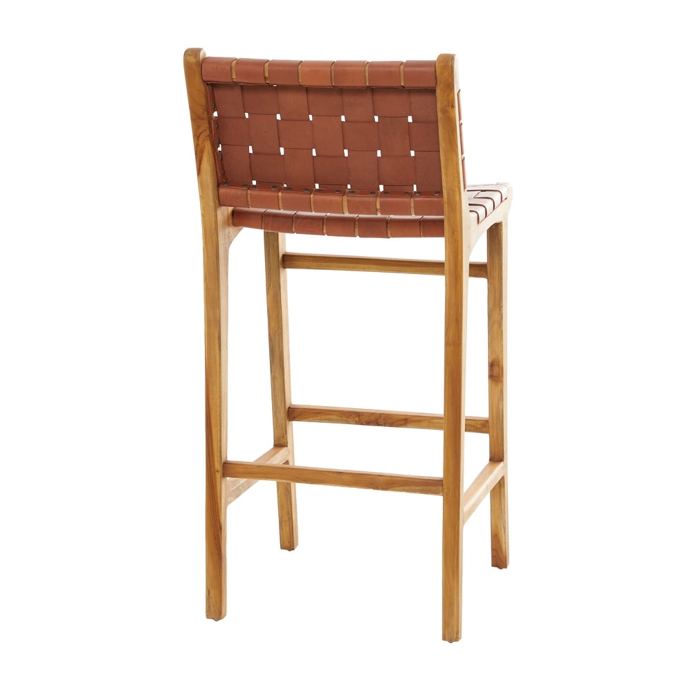 Camel Brown or Black Teak Wood Woven Leather Seat and Back Bar Stool with Beam Footrest   18 x 18 x 40