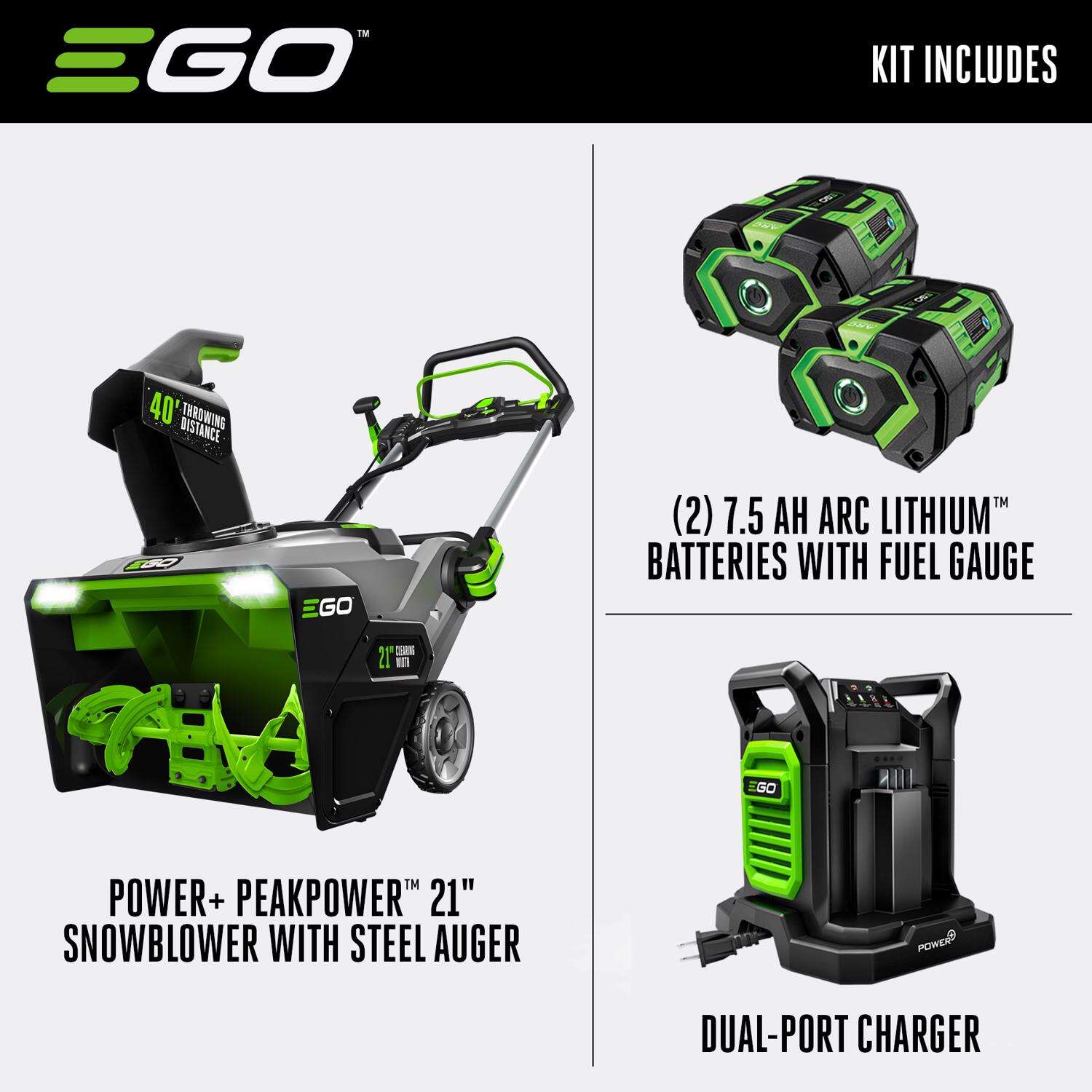 EGO Power+ Peak Power SNT2114 21 in. Single stage 56 V Battery Snow Blower Kit (Battery and Charger) W/ STEEL AUGER and TWO 7.5 AH BATTERIES