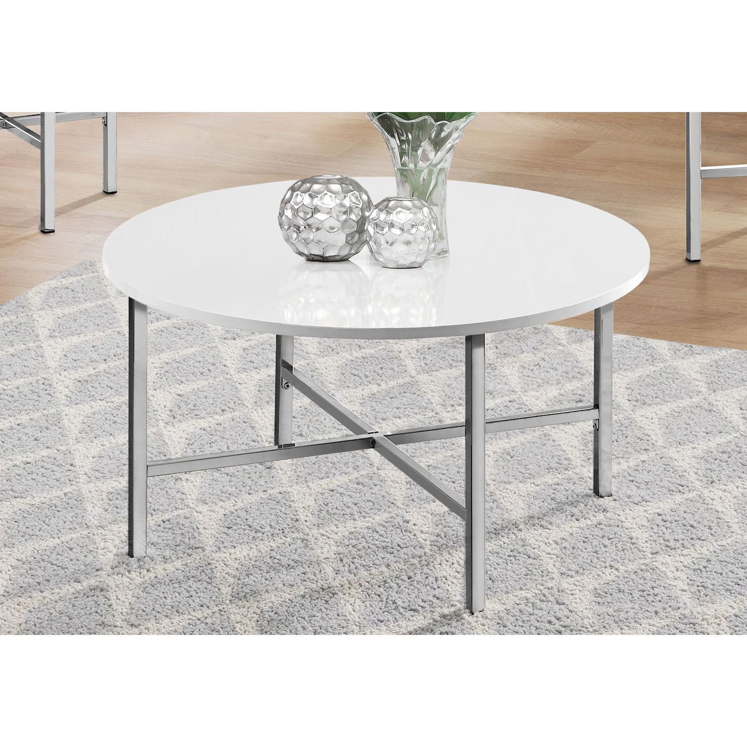 Set of 3 Glossy White with Chrome Metal Base Coffee Table and End Tables  35.5