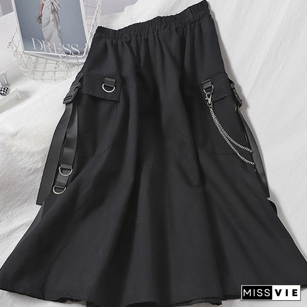 Gothic High Waist Cargo Skirts Woman Harajuku Loose A-line Pocket Midi Skirt Summer Hip Hop Fashion Korean Streetwear Y2k Skirt