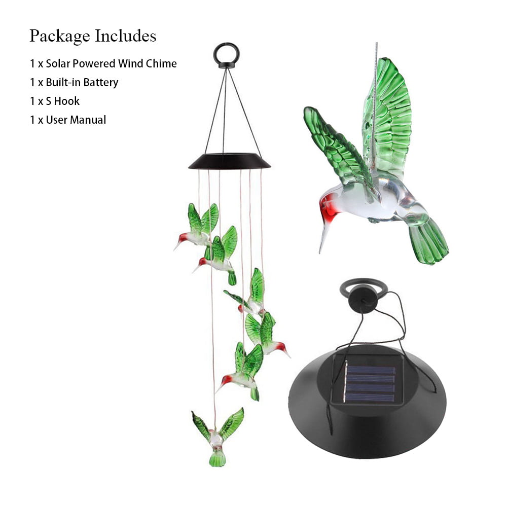 SolarEra Solar Changing Color Hummingbird Wind Chime， Solar Powered LED Waterproof Hanging Lamp Bird Windchime Light for Outdoor Indoor Gardening Yard Pathway Valentines Day Decoration