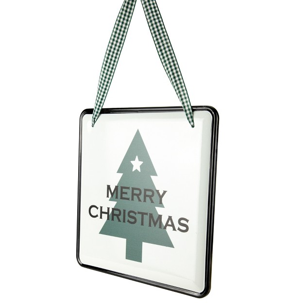 Merry Christmas Metal Wall Sign With Green Check Ribbon