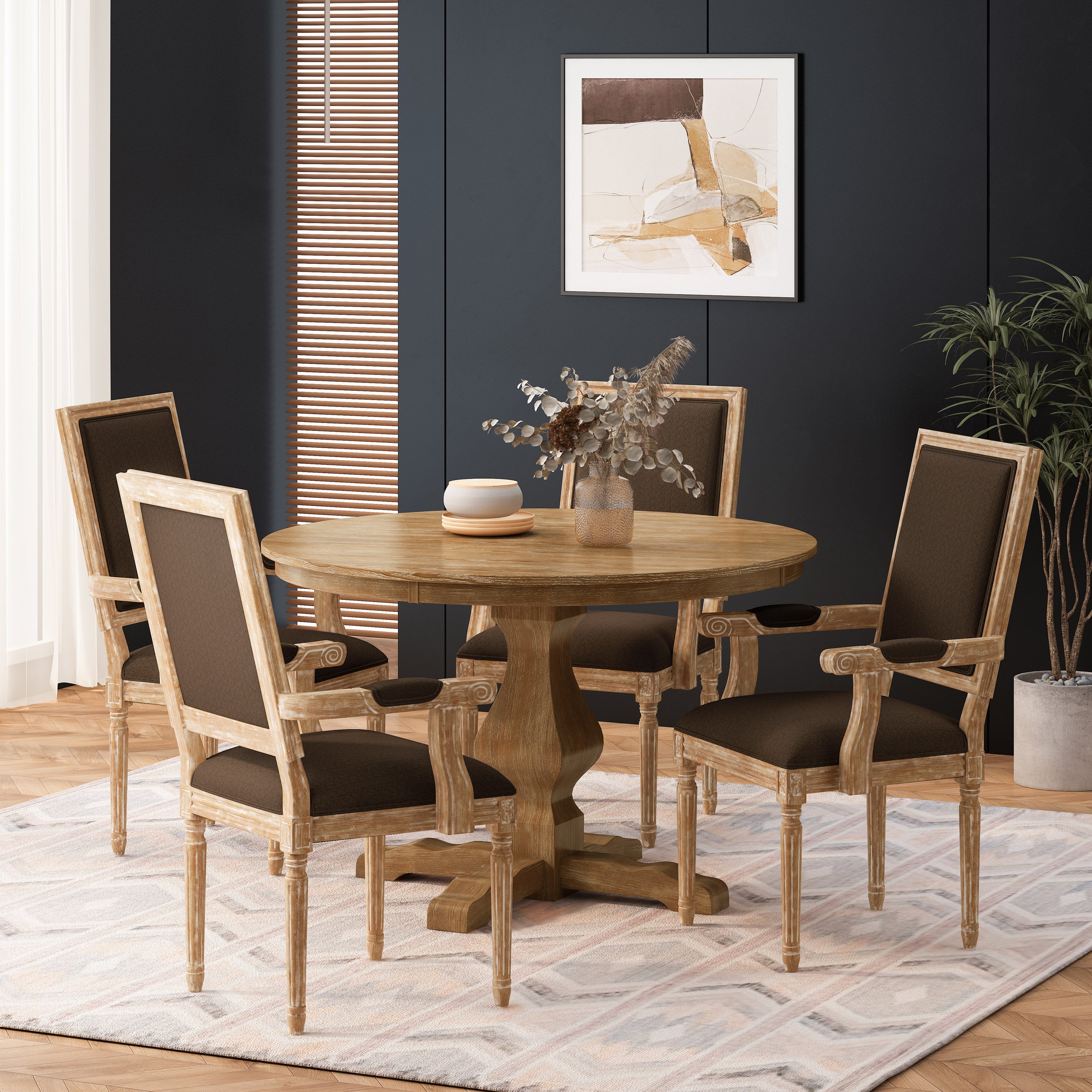 Joretta French Country Fabric Upholstered Wood 5 Piece Circular Dining Set