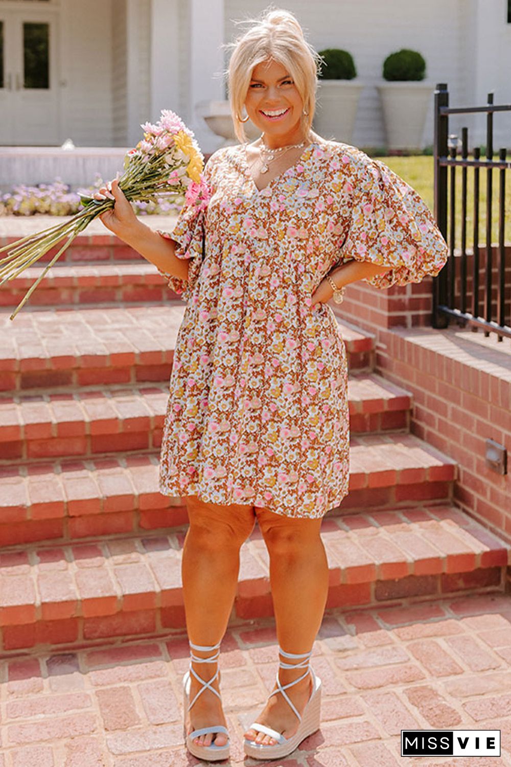 Multicolor Plus Size Floral Print Puff Sleeves Dress