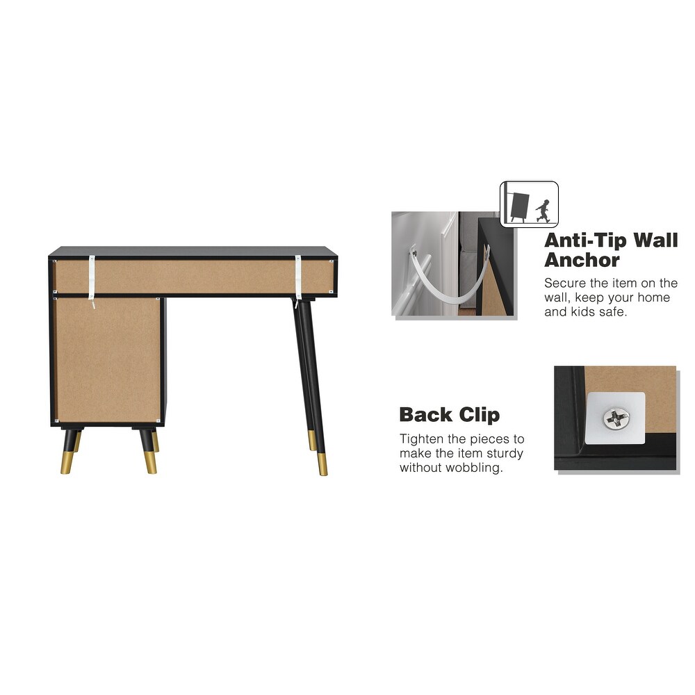 Farmhouse Rattan Computer Writing Desk   Black/Gold   39.4\