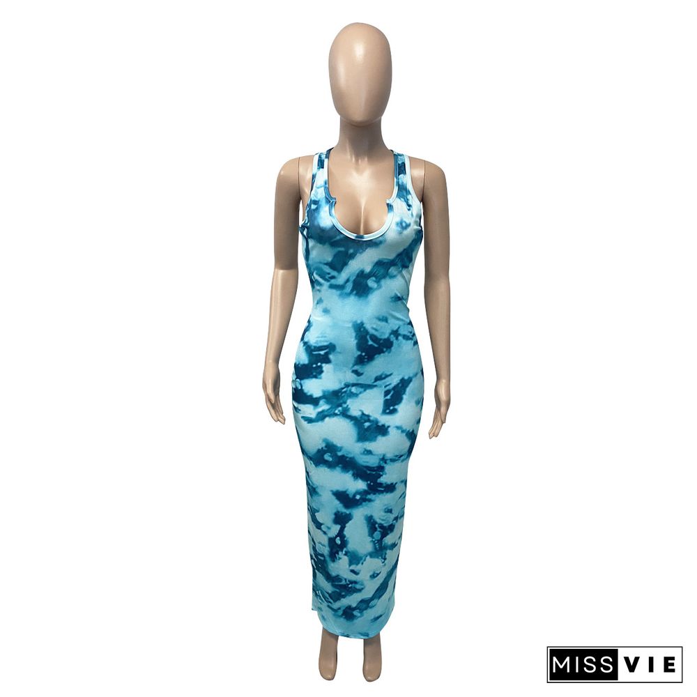 Women Summer Fashion Tie Dye Print V-neck Sleeveless Sexy Night Party Bodycon Long Dresses