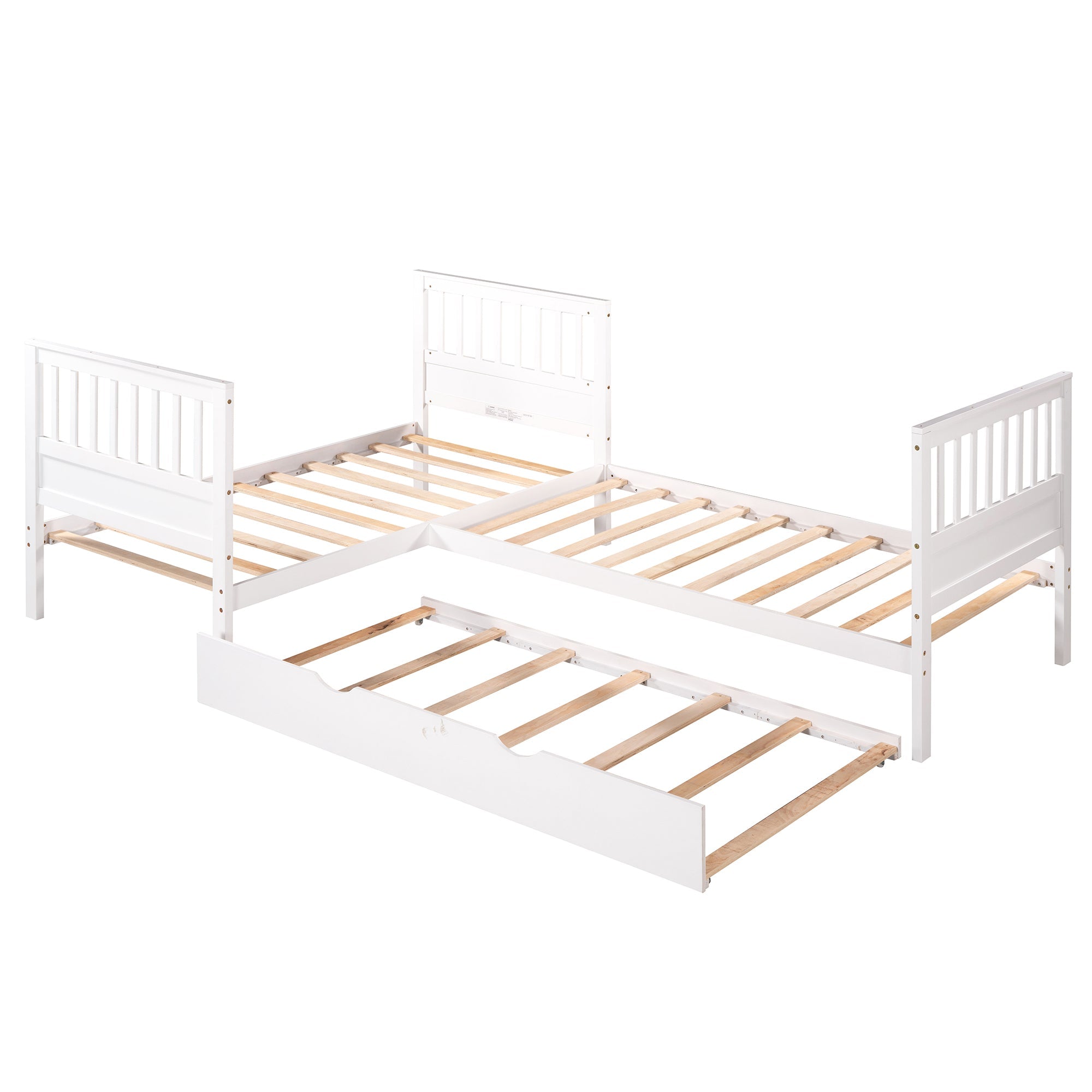 Wood Twin Size L-Shaped Platform Bed with Trundle for Kids Bedroom, White