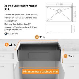 Glacier Bay Gunmetal Black Stainless Steel 31 in. 18-Gauge Single Bowl Undermount Kitchen Sink ACS3118A1H