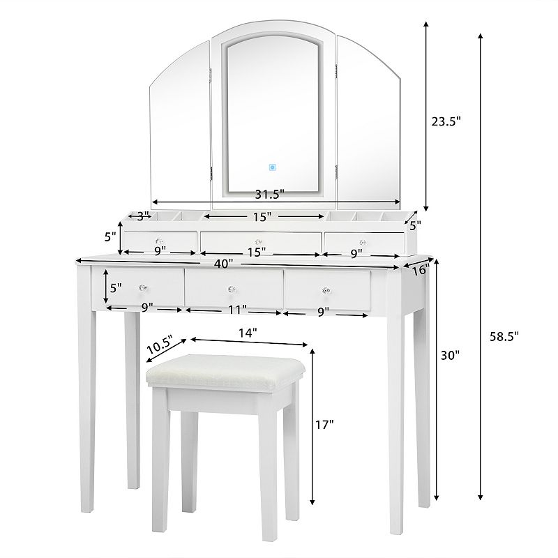 Vanity Table Stool Set with Large Tri-folding Lighted Mirror