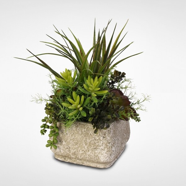 Silk Succulent Arrangement With Grass in a Stone Pot