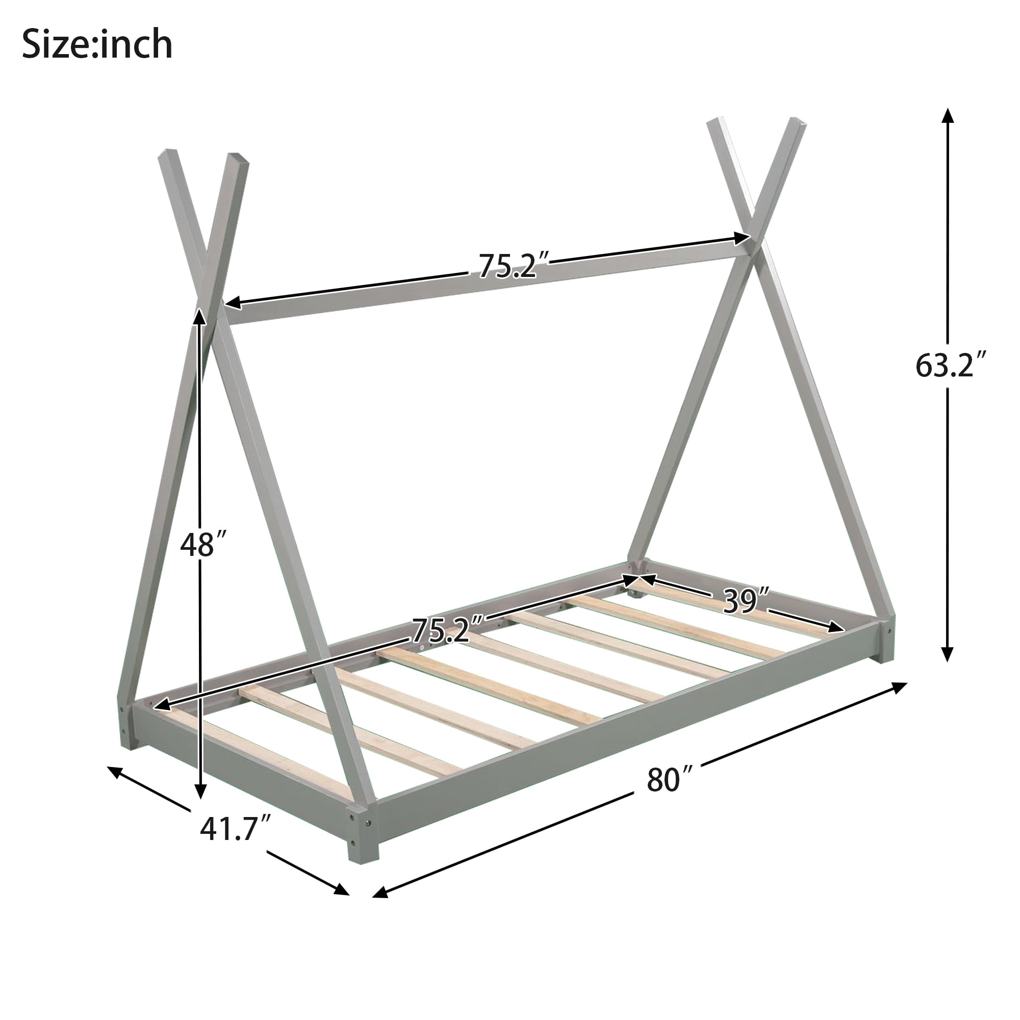 EUROCO Wood x-Shaped Twin Size Bed for Kids, Gray