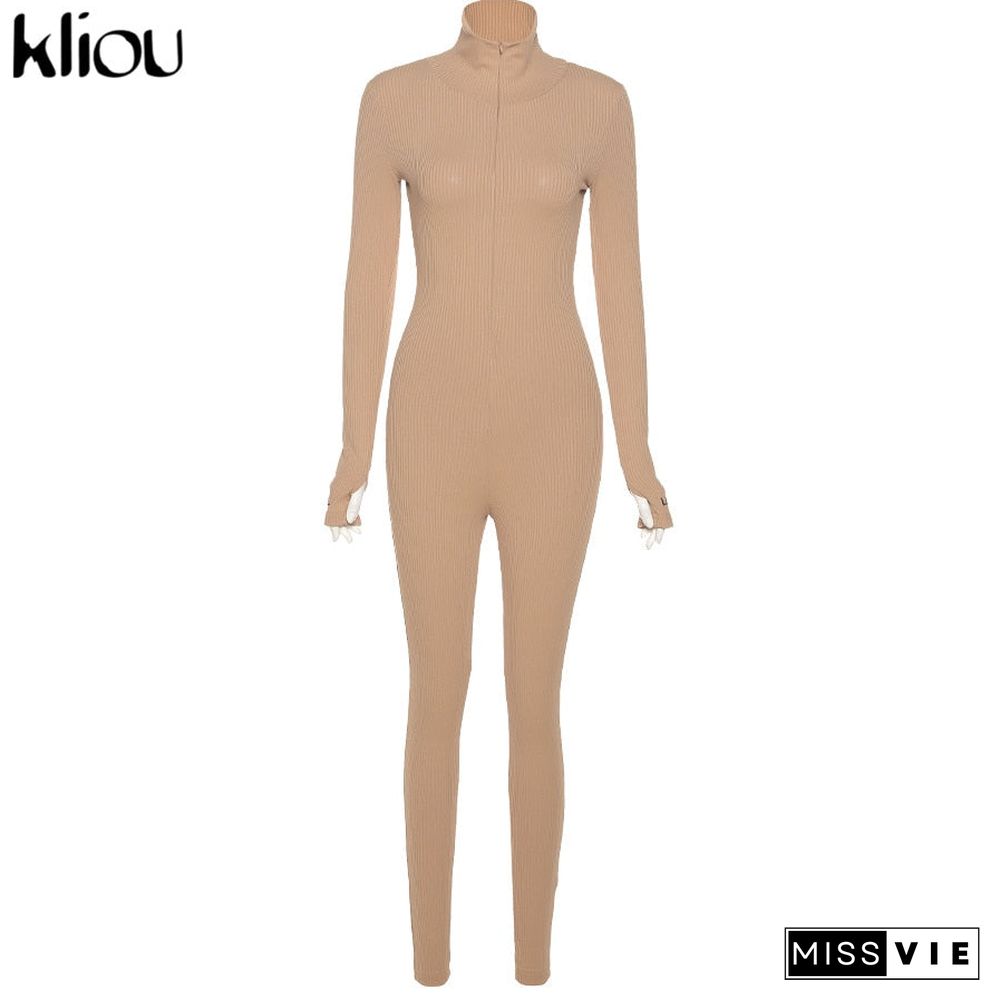 Kliou solid turtleneck full sleeve jumpsuits classic one piece women fitness slim rompers zipper long overall skinny jogger