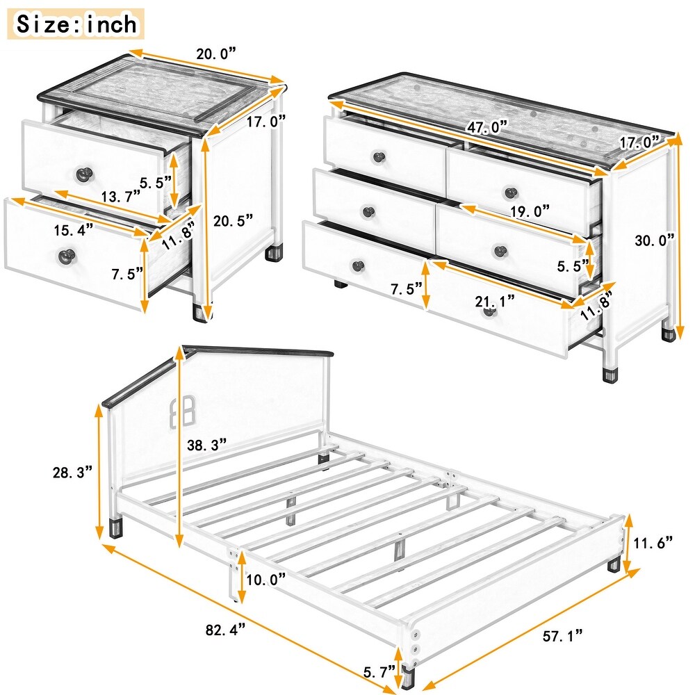 3 Pieces Bedroom Sets Platform Bed with Nightstand and Storage dresser