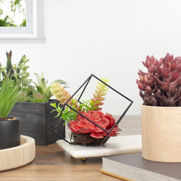 Artificial Succulent Arrangement In Black Metal Wire Frame