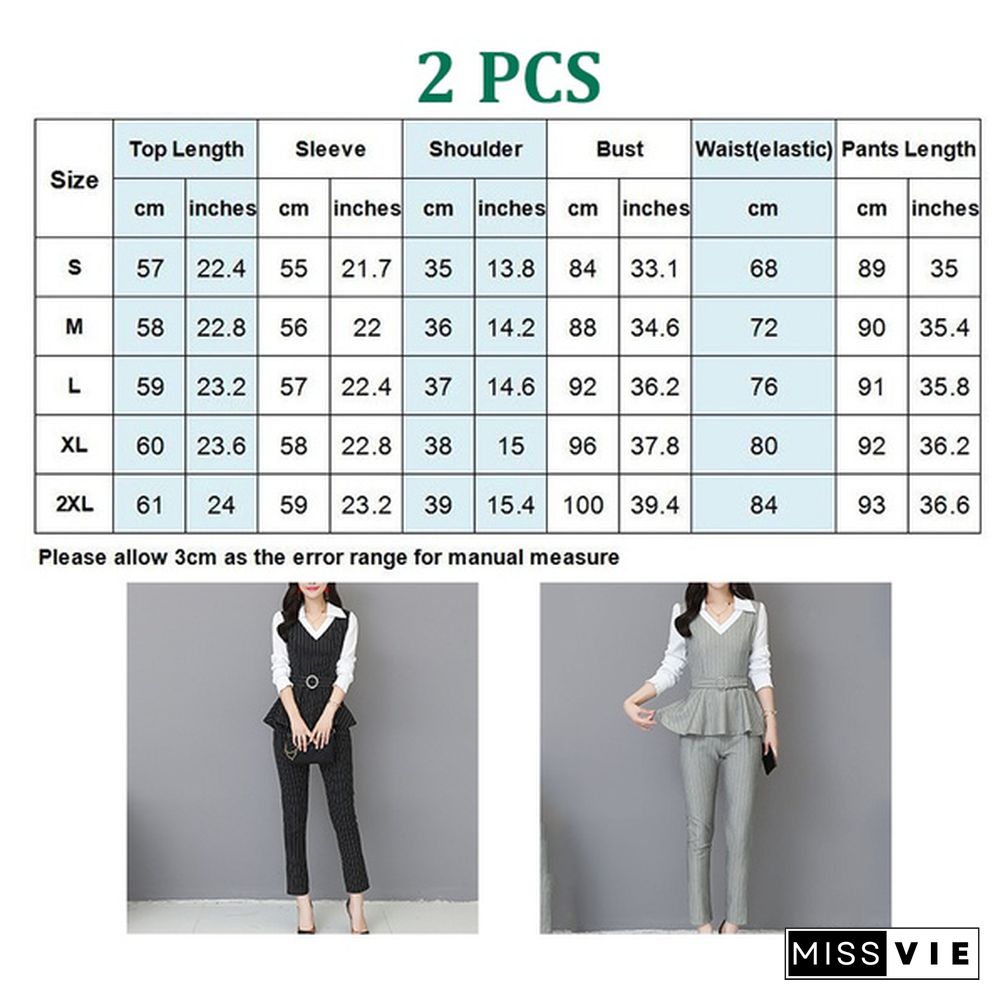 Grey Black Office Striped Two Piece Sets Outfits Women Plus Size Fake Two Pieces Shirts And Pants Suits Elegant Korean Sets