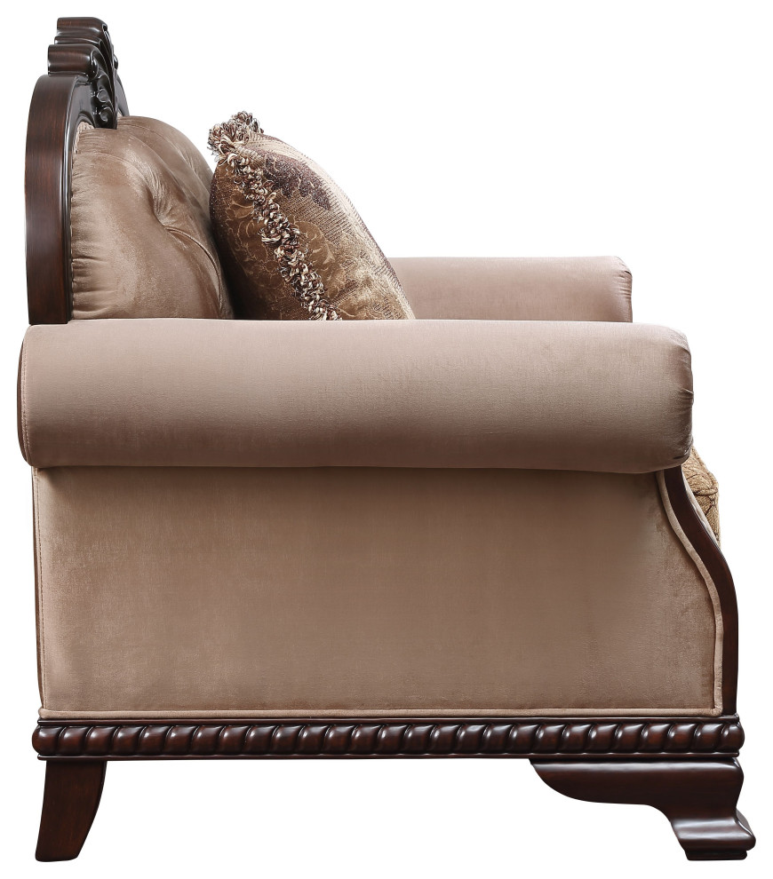 Loveseat With 3 Pillows  Fabric and Espresso Finish   Traditional   Loveseats   by Acme Furniture  Houzz