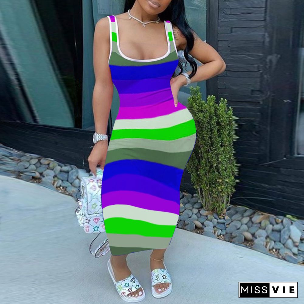 Summer Contrast Color Striped Sleeveless Bodycon Long Dress