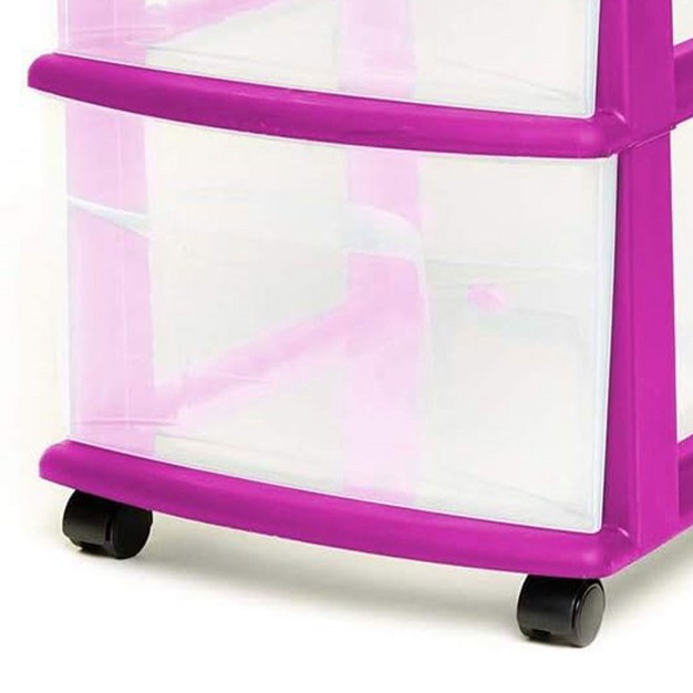 Homz Clear Plastic 3 Drawer Medium Home Organization Storage Container Tower With 3 Large Drawers And Removeable Caster Wheels Purple Frame 2 Pack