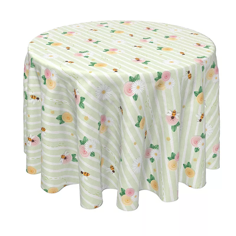 Round Tablecloth， 100% Polyester， 90 Round， Springtime Floral Stripe