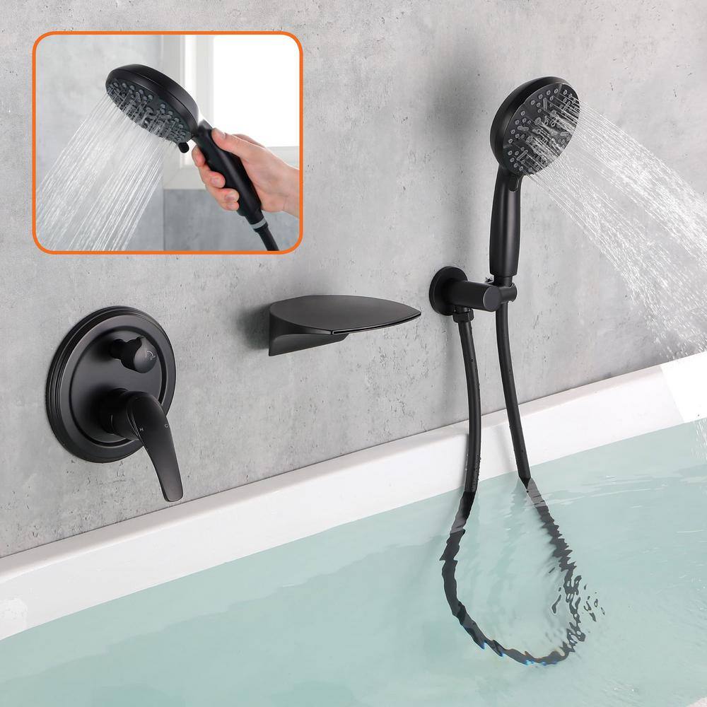 FLG Single-Handle Wall Mount Roman Tub Faucet with Hand Shower Brass Waterfall Tub Filler in Matte Black SS-0145-MB