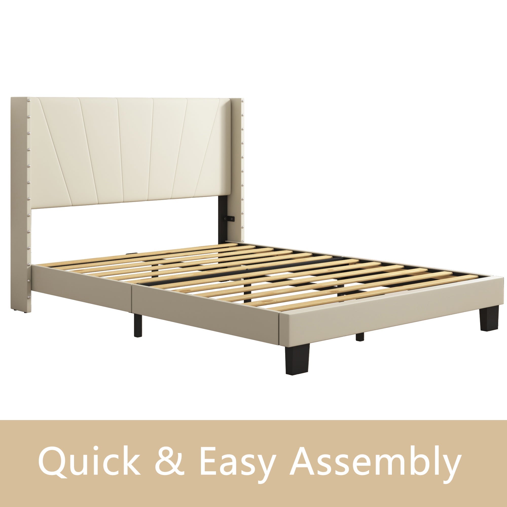 uhomepro Beige Full Bed Frame for Adults Kids, Modern Fabric Upholstered Platform Bed Frame with Headboard, Full Size Bed Frame Bedroom Furniture with Wood Slats Support, No Box Spring Needed