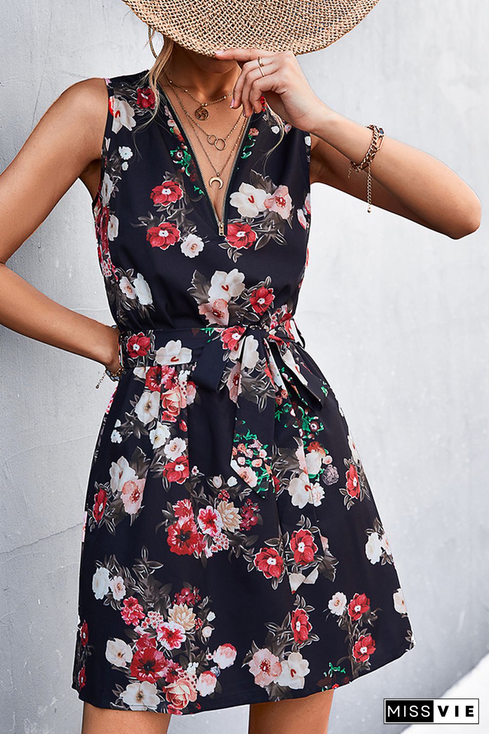 Sleeveless Zip Neck Floral Print Dress Wholesale