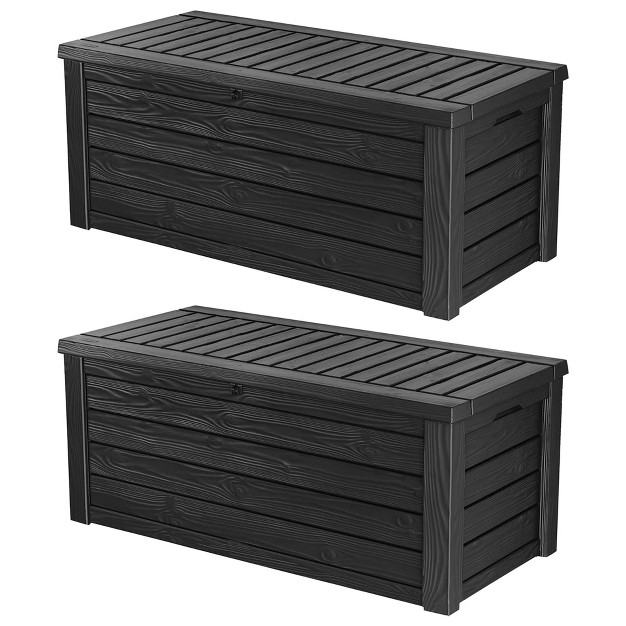 Keter Westwood Outdoor Resin 150 Gallon Deck Storage Box Organizer For Patio Furniture Pool Toys And Yard Tools With Bench Dark Gray 2 Pack