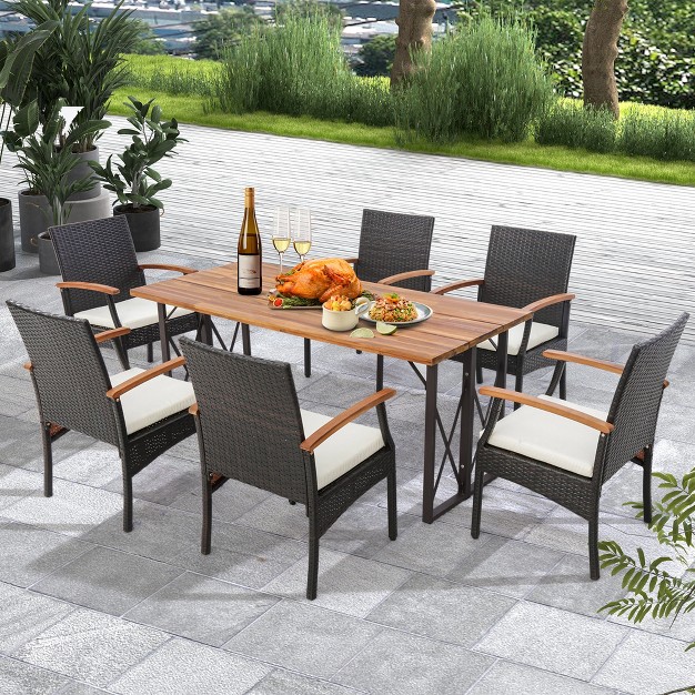 Costway Patio Pe Wicker Chairs Acacia Wood Armrests With Soft Zippered Cushion Balcony